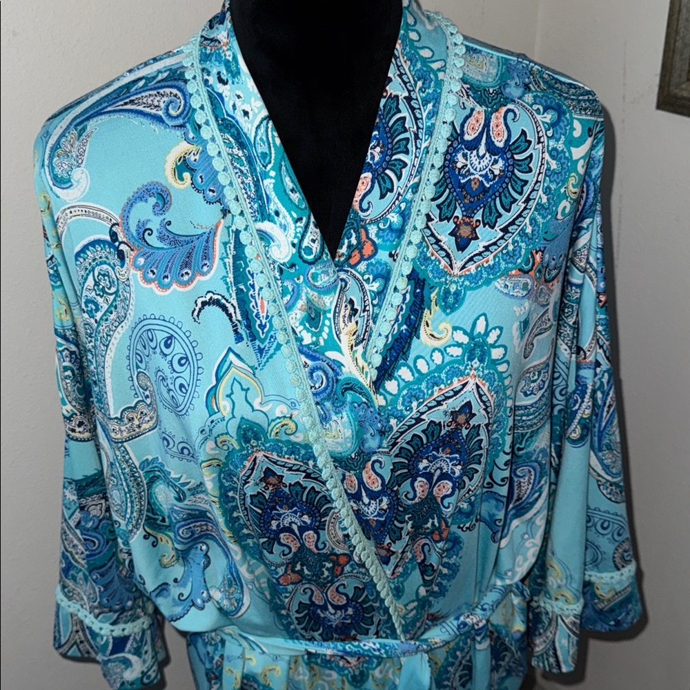 In Bloom by Jonquil Blue Paisley wrap around kimono Robe Sz‎ 1X - Picture 2 of 6